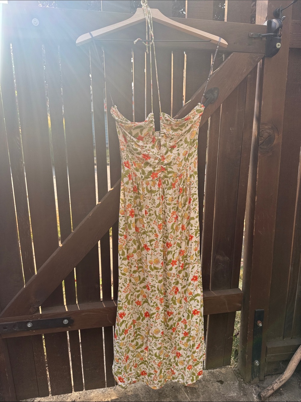 Billabong Cream Floral Spaghetti-Strap Midi Dress with Orange and Green Print